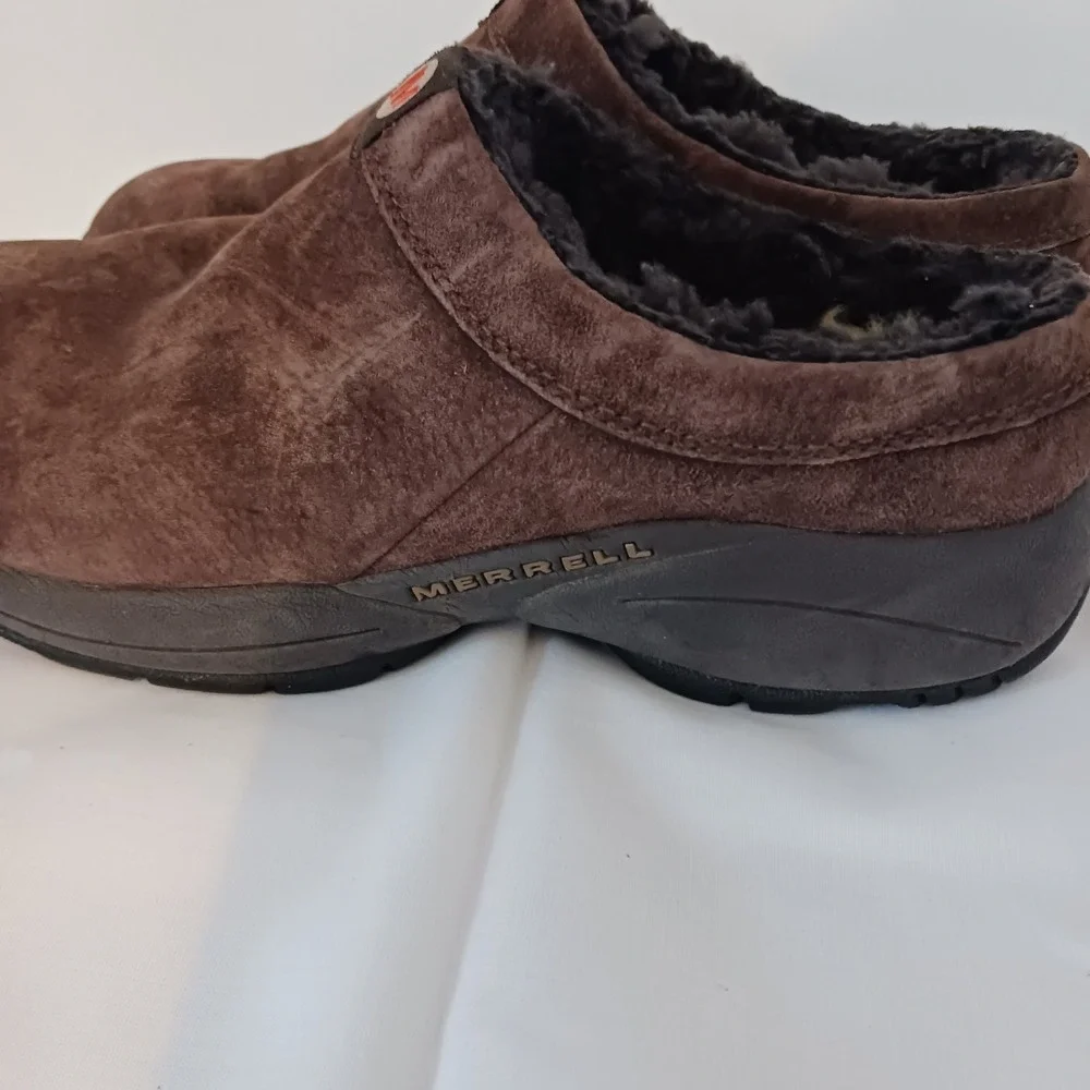 Merrell Men's 8 Brown Suede Slip-On Shoes Faux Fur Lined Round Toe Logo‎